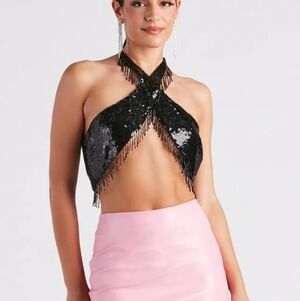 Sequin Fringe Halter Top